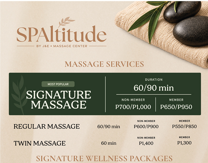 SPAltitude spa service menu with botanical details and cream and forest-green colors