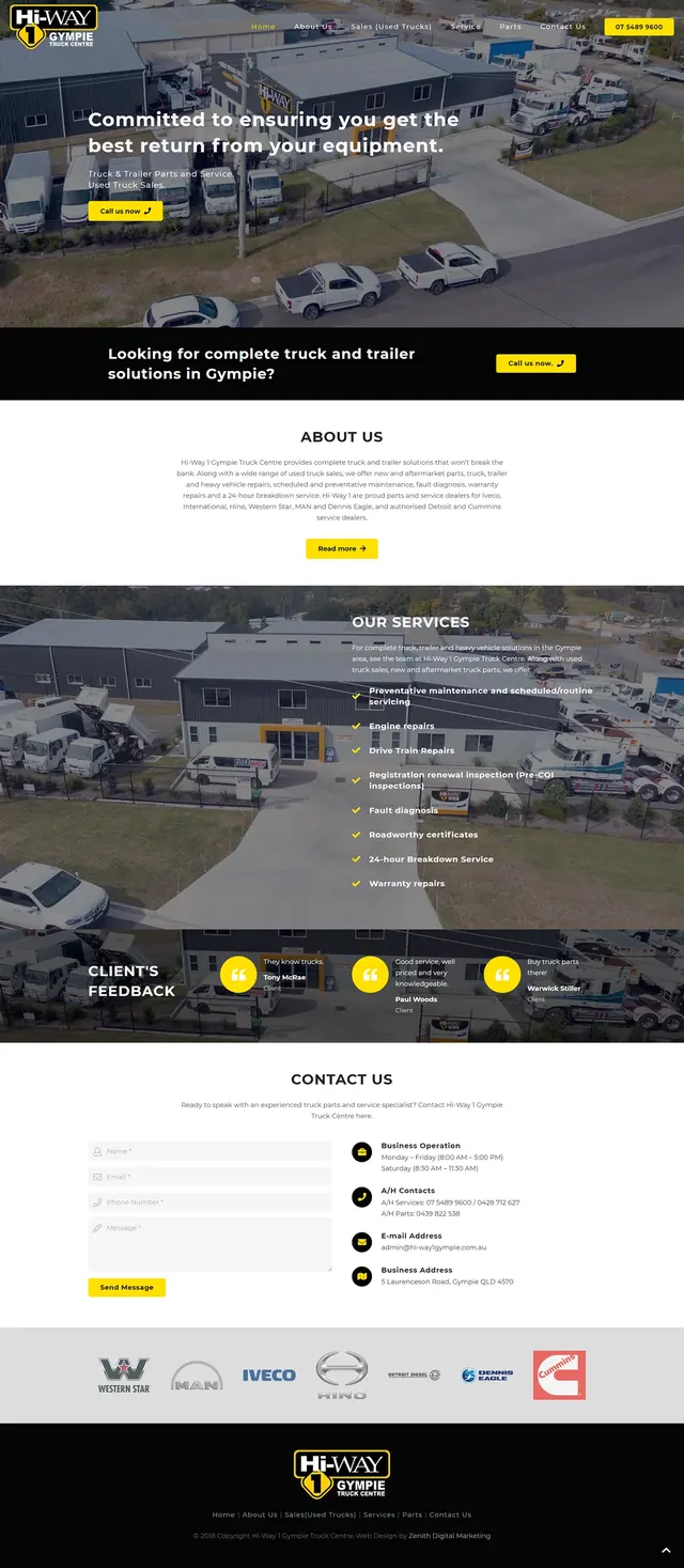 Web Design: Hi-Way 1 Gympie Truck Centre — Landing-page mockup presentation