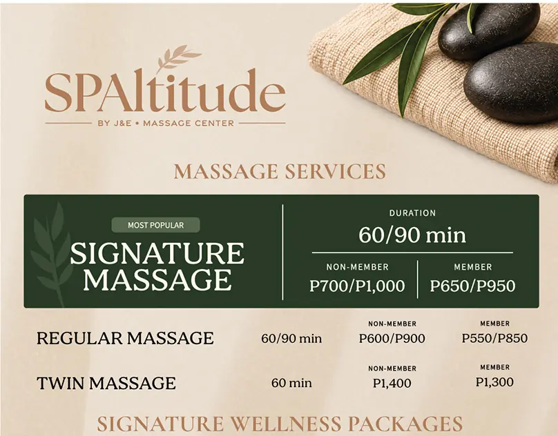 SPAltitude spa service menu with botanical details and cream and forest-green colors